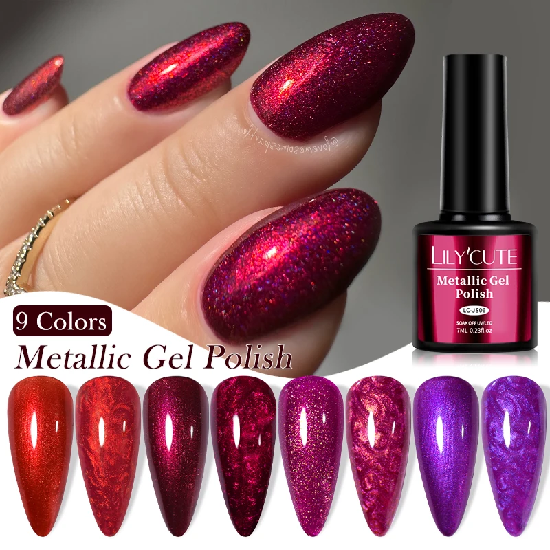 LILYCUTE 7ml Metallic Gel Nail Polish Quick-drying Sparkling Glitter Chrome Red Mirror Effect Soak off UV LED Nail Gel Varnish