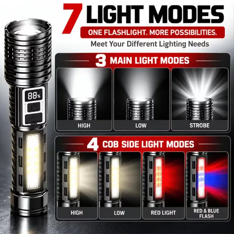 High Power LED Flashlight Powerful TYPE-C Rechargeable COB Flashlight With Side Light Torch For Outdoor Camping Hiking
