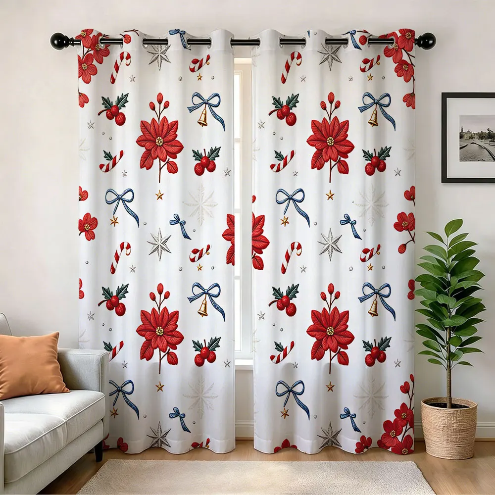 2pcs Christmas Floral Bow Pattern Blackout Curtains Perforated For Double Doors Living Room Bedroom Privacy Protection Stylis