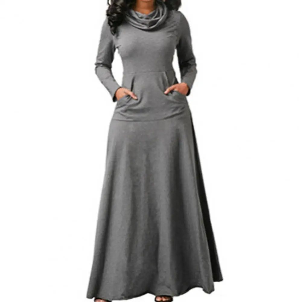 Size 4XL Elegant Long Maxi Dress Autumn Winter Warm High Collar Women Long-sleeved Dress 2023 Woman Clothing With Pocket