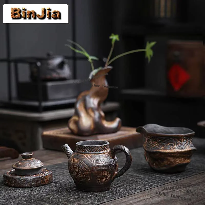 Japanese Old Rock Mud Teapot Vintage Coarse Pottery Stone Pot Tea Maker Infusions Kettle Chinese Tea Set Accessories Collection