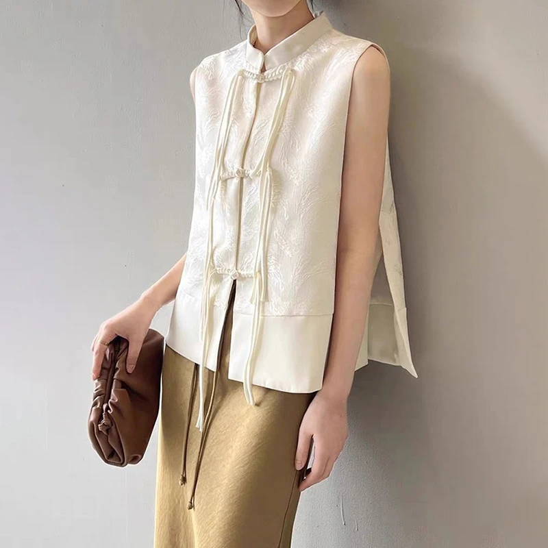 

Women Chinese Style Button Vest Jacket Streetwear Guofeng Jacquard Stand Collar Sleeveless Waistcoat Retro Cheongsam Tops