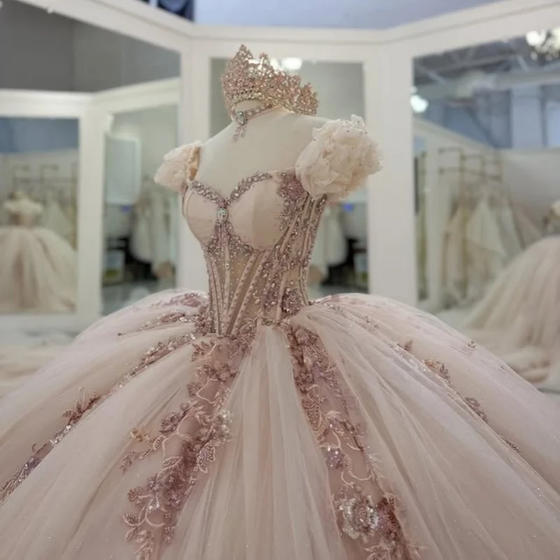 

Customized light pink Quinceanera Dresses Off the Shoulder crystal decal Long tail Lace flower Big Bow Vestido 15 Quinceanera