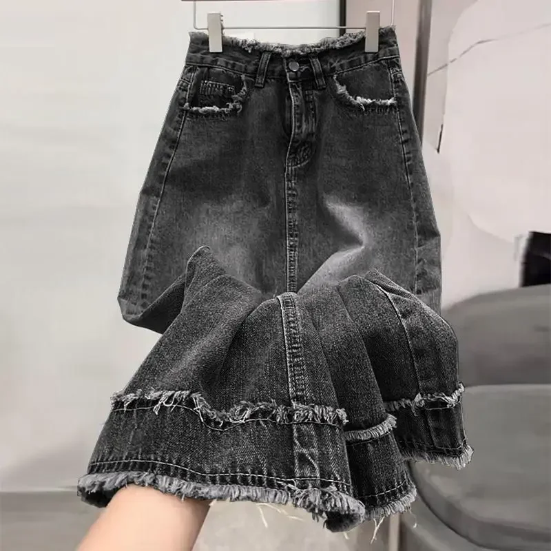 Korean Style Ripped Jeans Skirts Women Autumn Tassel High Waisted A-Line Ladies Pockets Vintage Midi Long Black Denim Skirts