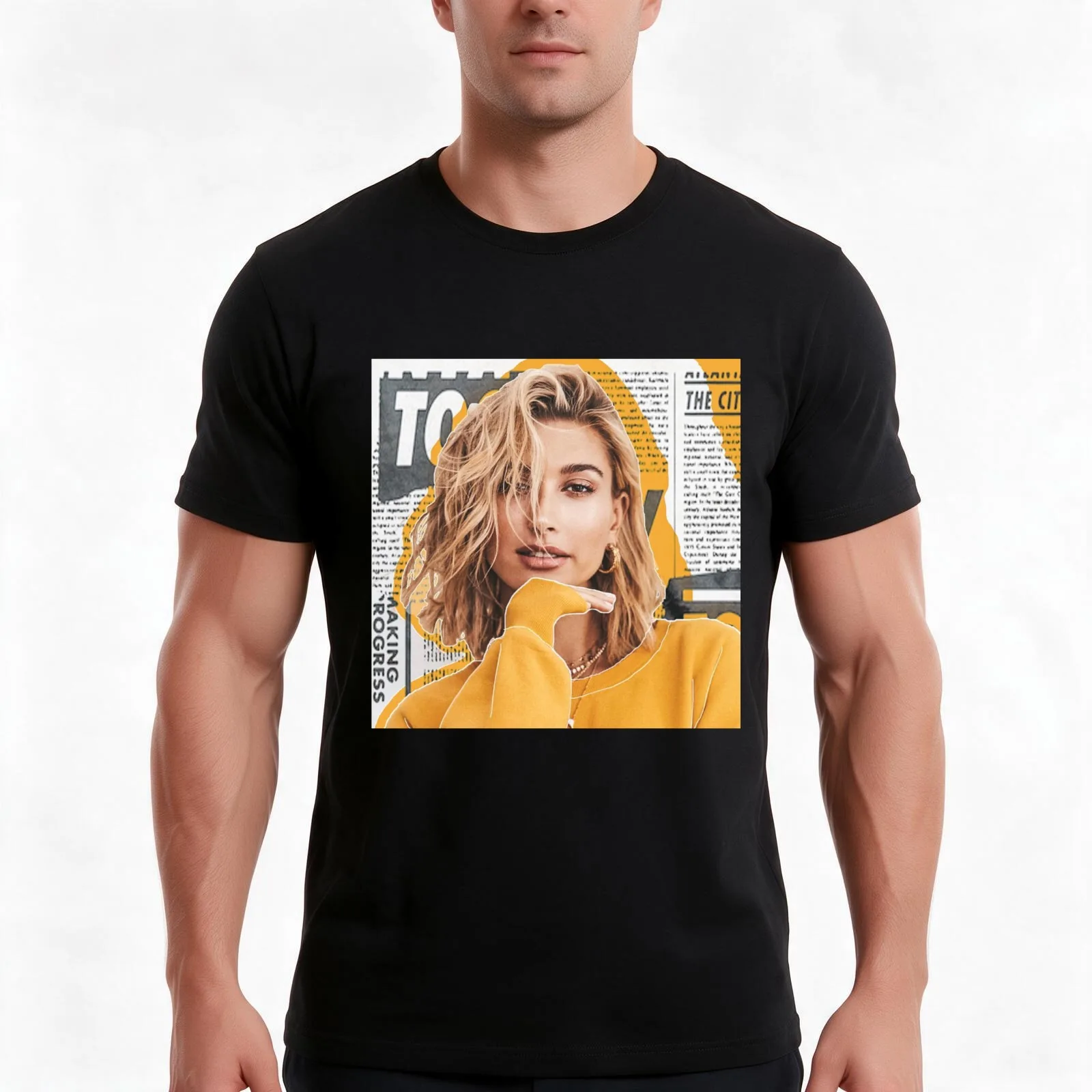 Hailey Baldwin Newspaper Graphic Design T-Shirt, Summer Casual Cotton Tee, Oversized Streetwear Tops, Vintage Graphic Print