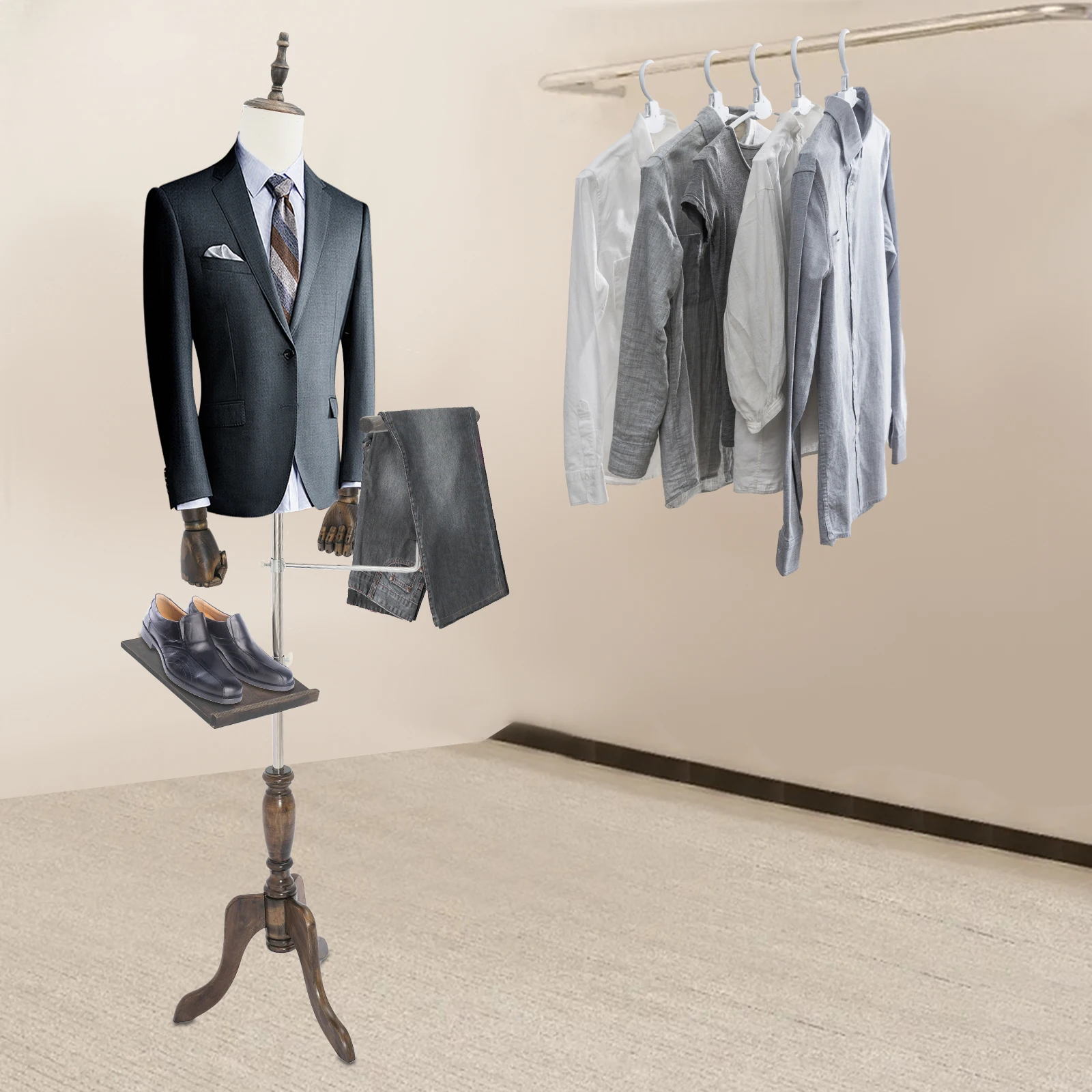 

White Wood 150-180cm Adjustable Bust Model with Trouser Rack Shoe Holder Antique Three-legged Men's Display Stand