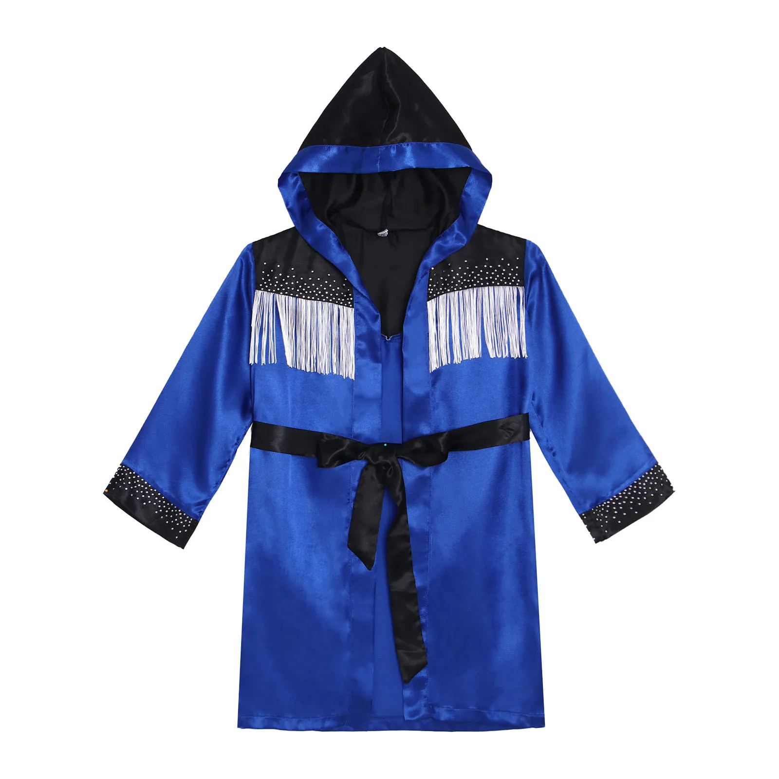 Kids Boys Girls Boxing Outfit Tassel Satin Hooded Robe Belt Set Unisex Carnival Halloween Competition Cosplay Costume Sportswear