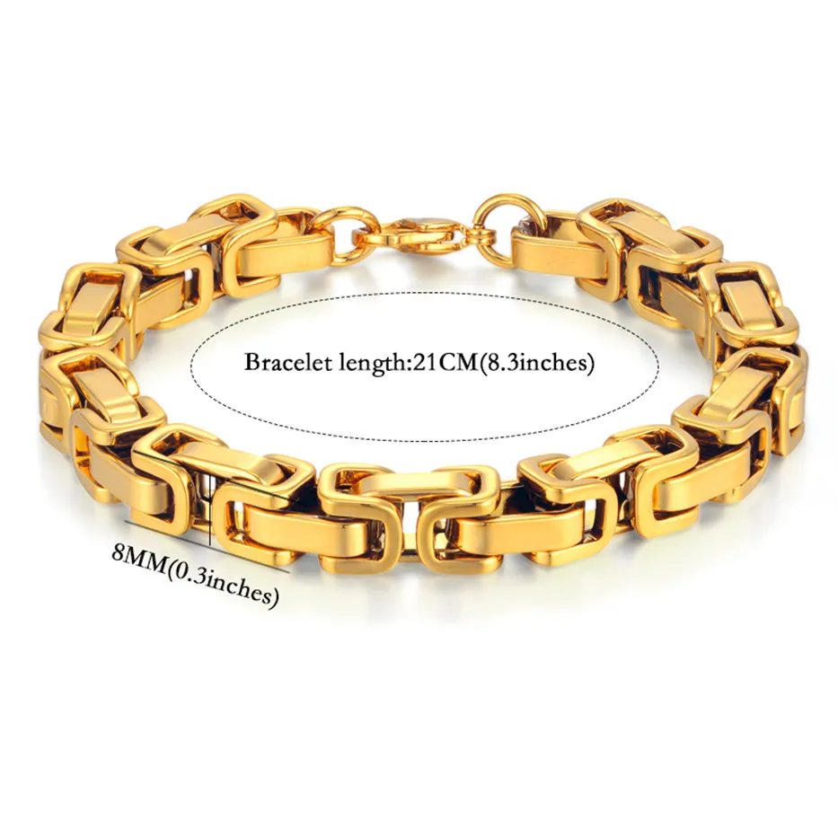 Hot Sale 2 Pcs/Set Hip Hop Classic Men\'s Jewelry Set Gold Plated Heavy Thick Stainless Steel Byzantine Chain Necklace Bracelet