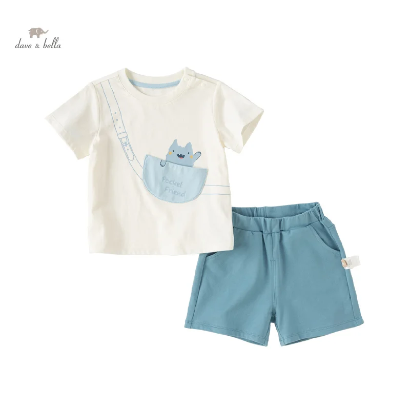 Dave Bella Boy's Girl's Suit 2024 New Summer Clothes Children's Short-Sleeved T-shirt Shorts Casual Baby Two-Piece Set DB2240019