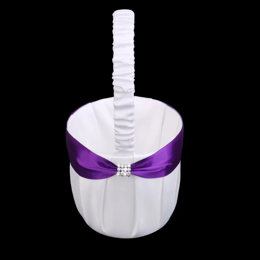 

Flower Girl 13Cm 24Cm White Purple Satin Pvc Rhinestone Wedding Party Candy Gift Confetti Holder Storage Basket Wedding