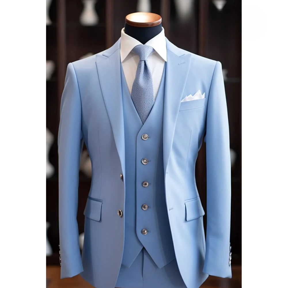 

Sky Blue Single Breasted Men Suit 3-pieces(Blazer+Pants+Vest) Slim Sets Prom Wedding Formal Office Party Sets Customized
