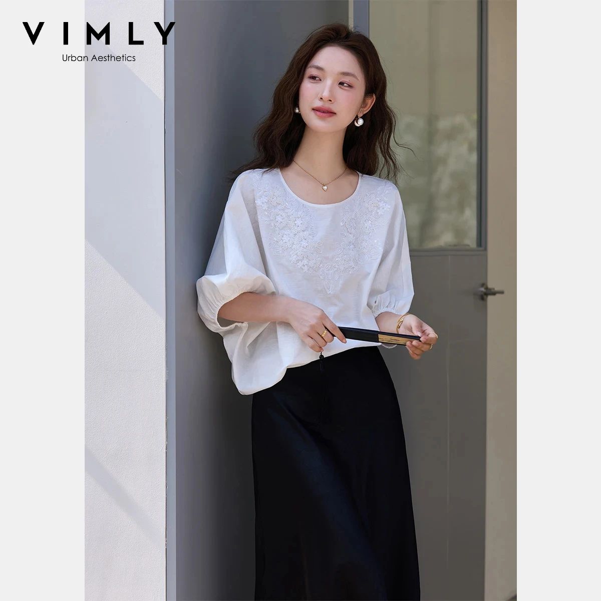 

VIMLY Women's Fashion Balloon Sleeve Blouse 2026 Spring New White Minimalist Casual Linen Blend Embroidery Loose Fit Shirt A5115