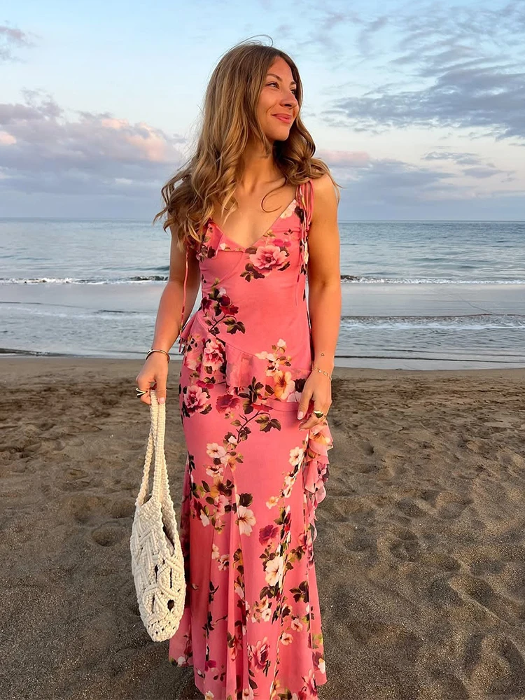 Conjunto de vestido de verano con estampado Floral escalonado y volantes, conjunto a juego de playa bohemio de primavera para mujer, novedad de 2025, conjunto de 2 piezas de Top + falda