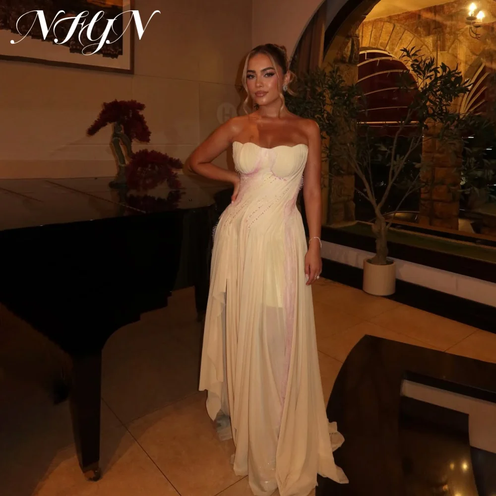 NFYN Premium Women Cream Yellow Strapless Prom Gowns Color Block Formal Evening Dress Beaded High Slit Party Dresses Customized