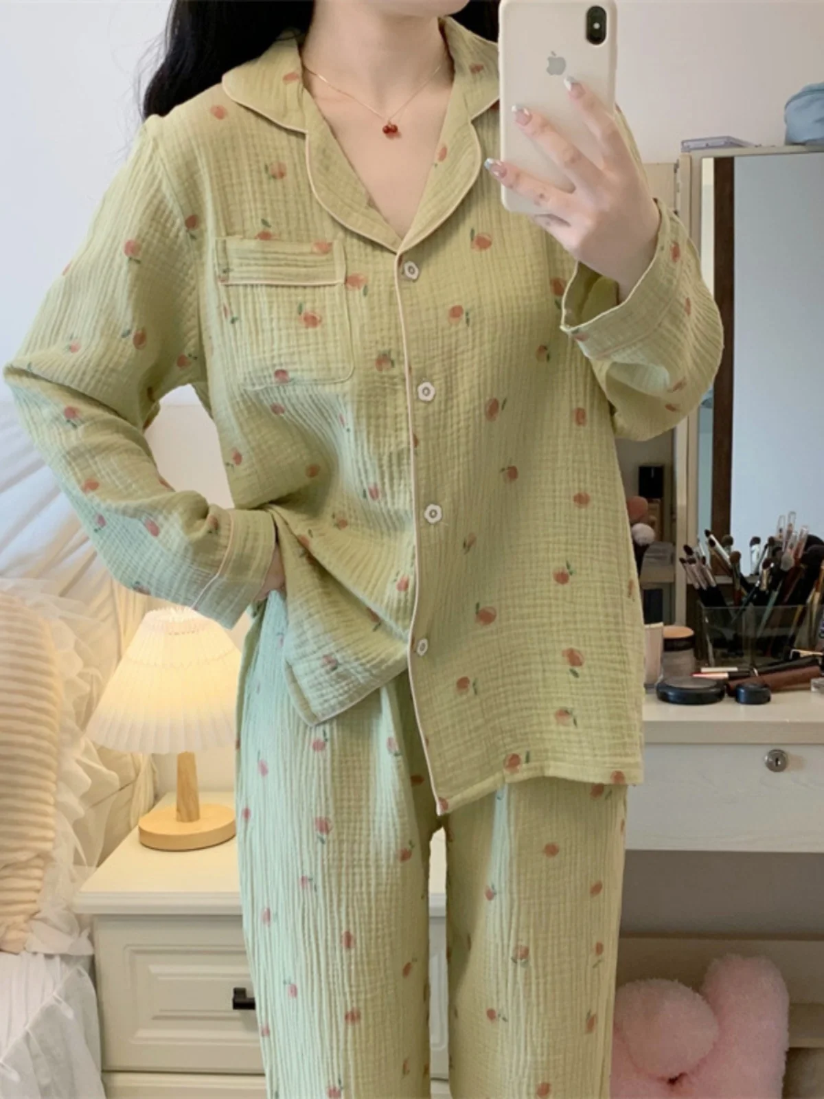 

Spring Autumn Thin Bubble Cotton Long Sve Home Clothes Set Women's Sweet Cute Peach Print Spwear Comfortable Home Suit