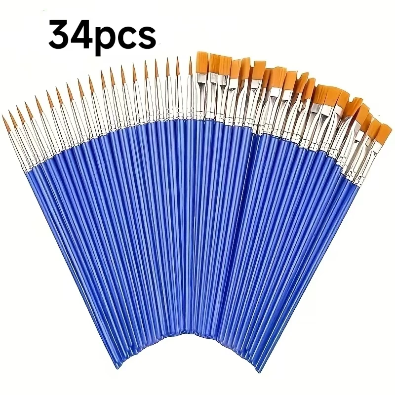 34Pcs Pointed & Flat Touch Up Paint Brushes, Mixed Material Tail Handle Art Brushes for Touch Up, Classroom Craft, Watercolor Ca