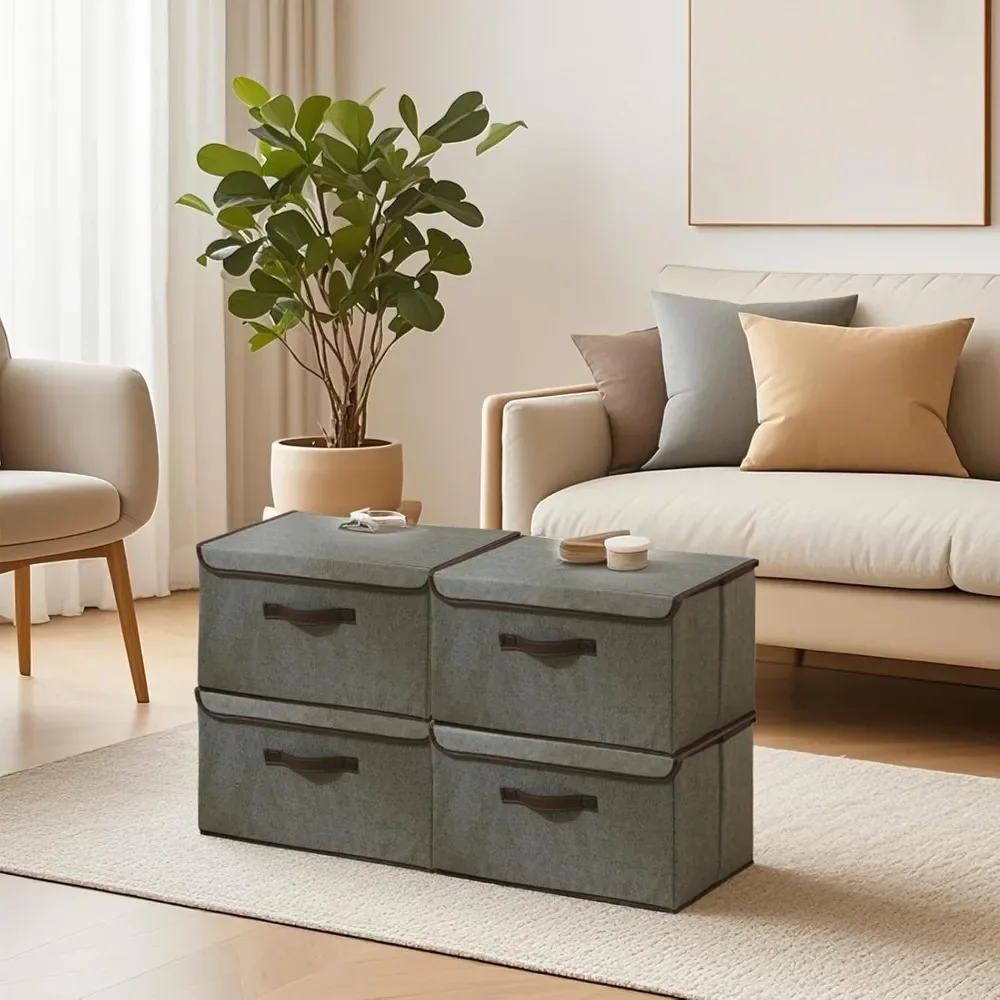 4 عبوات من صناديق تخزين كبيرة مع غطاء، وصناديق تخزين قابلة للطي، وصناديق تخزين قماشية قابلة للغسل، وقماش كتان قطني بغطاء مزخرف #4