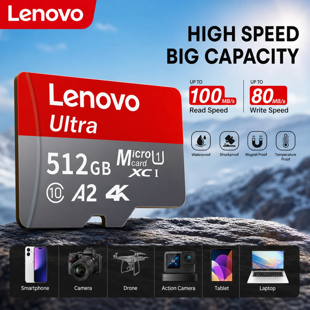 Lenovo High Speed Memory Card 64GB/128GB/256GB/512GB UHS-I U3 V30 A2 Micro SD TF Card for Cam Smartphone Gaming Tablet 4K Video