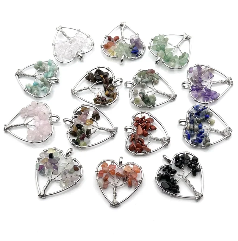 5pcs Tree of Life 30mm Heart Pendant Fluorite Rose Quartz 7 Chakra Stone Charms for Earrings Necklace Jewelry Making