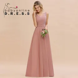 BABYONLINE Bridesmaid Dress V-neck Pleated Bodice See-through Lace Cap Sleeves Maxi Flowy A-Line Skirt Wedding Party Gown