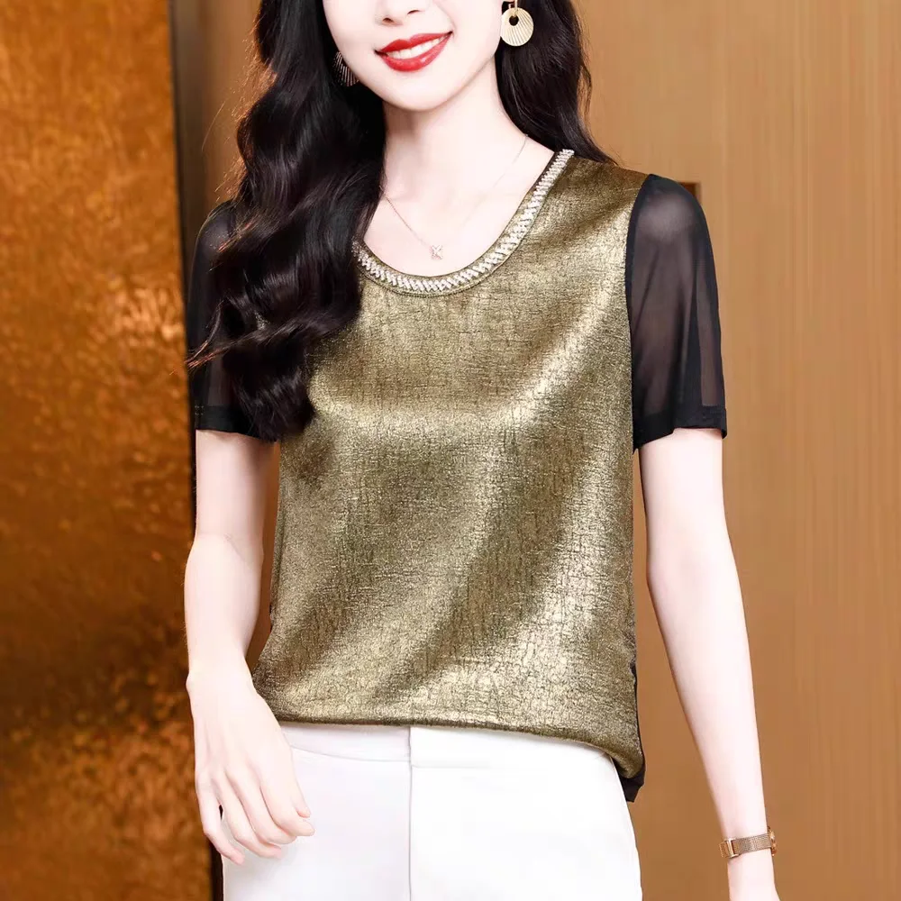 Sommer Neue Koreanische Sexy Oansatz Glänzenden Diamanten frauen T-Shirt Mode Dünne Kurzarm Tops Elegante Weibliche Casual Tees Blusas