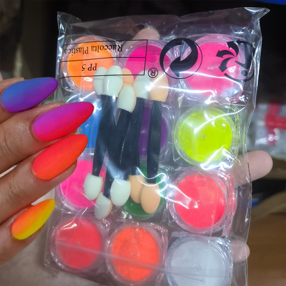 

12 цветов/набор, неоновая флуоресцентная пудра для ногтей, красочная хромированная пигментная пыль с кисточками для фестивального макияжа, маникюрных украшений и *