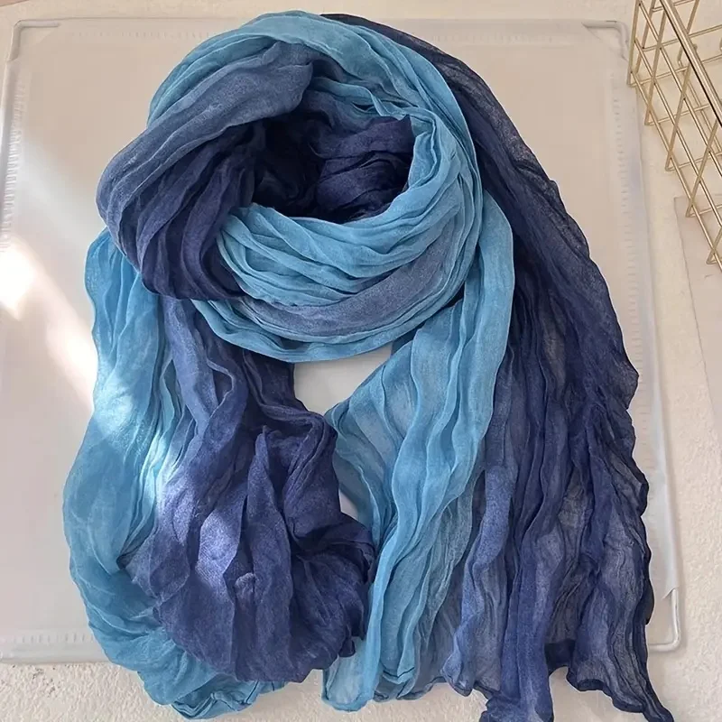 Böhmischer blauer Schal mit Farbverlauf für Damen, leicht, weich und atmungsaktiv, gerüschter Schal, perfekt für Strandurlaub und Freizeitausflüge – Detail 8