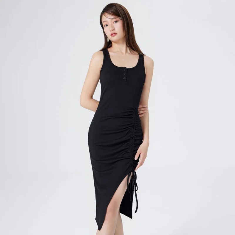 

YQ1-insNew2025Knitted Sexy Hot Girl Slim Fit Design Side Slit Drawstring Dress