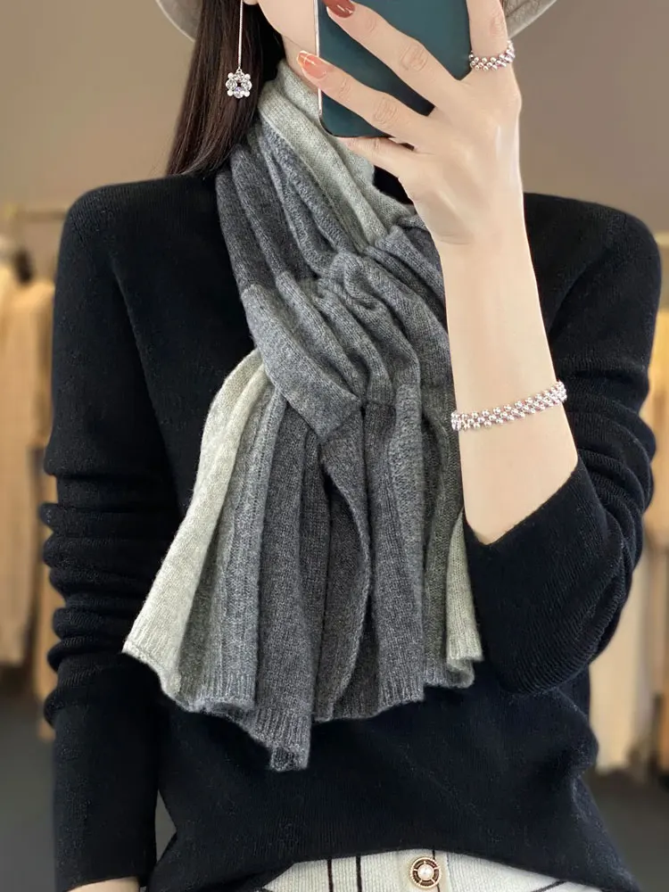100% Merino Wool Women's Contrasting Scarf Autumn Winter Thick Casual Fashion Cashmere Knitted Scarf