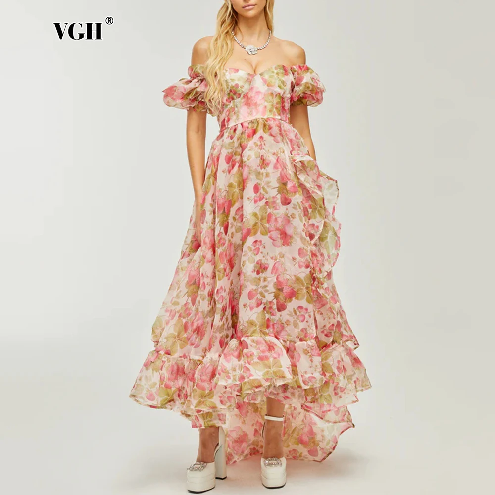 

VGH Elegant Printing Patchwork Ruffles Long Dresses For Women Square Collar Puff Sleeve High Waist Temperament Dress Female New