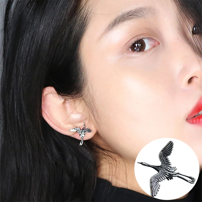 

100% 925 Sterling Silver Animal Earrings for Women Girl Fashion Crane Chinese Style Design Jewelry Party Gift Dropshipping