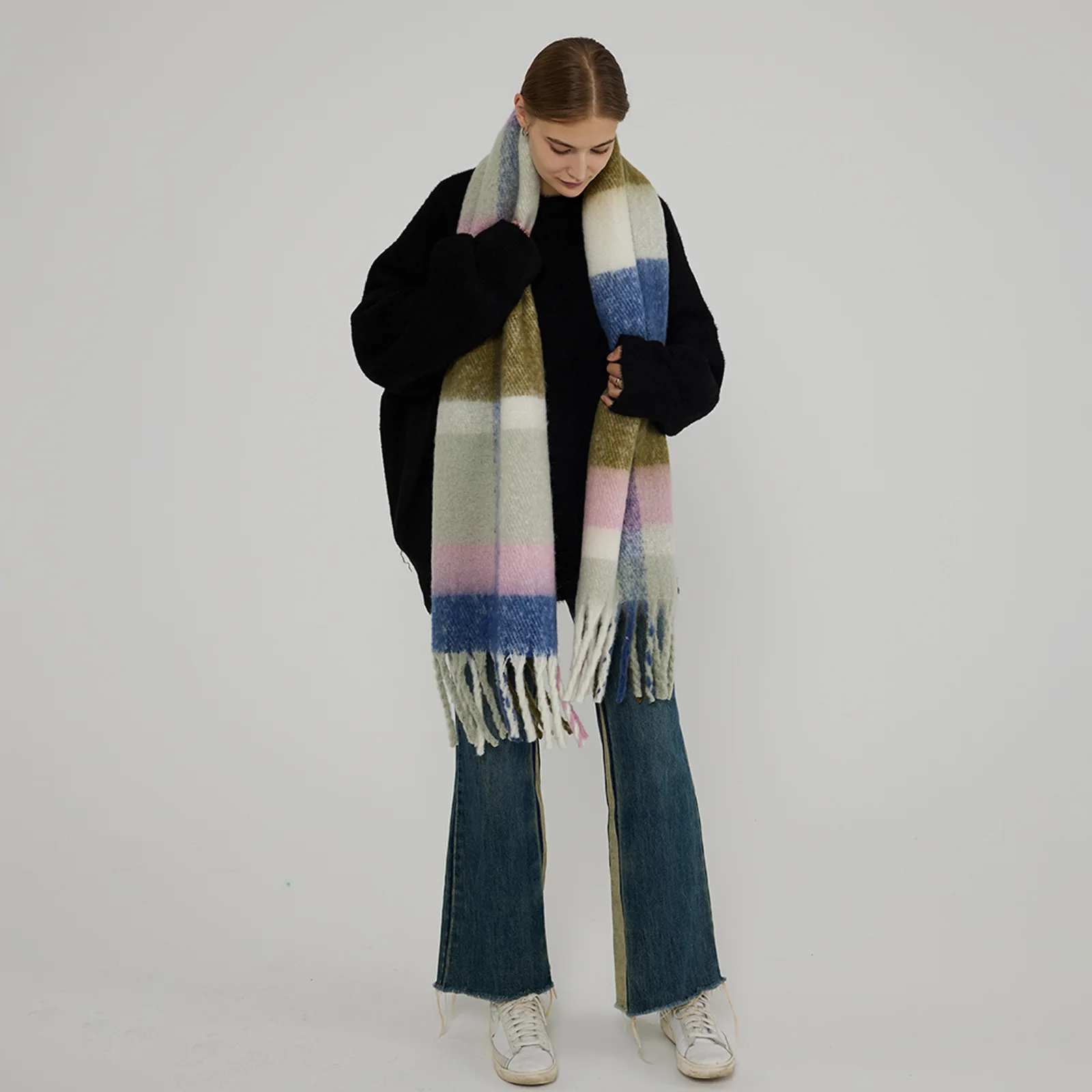 Elegant, Minimalist Thickened Shawl Neck Scarves Autumn Winter Warm Imitation Cashmere Plaid Scarf Woman 231*42cm