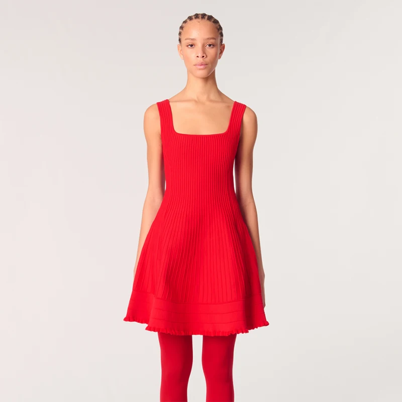 

Red Knitted Belted ter Dr ort Ele Sle Spring New Arrival Women's Faion Dr by Masande High Waist A-Line Skirt