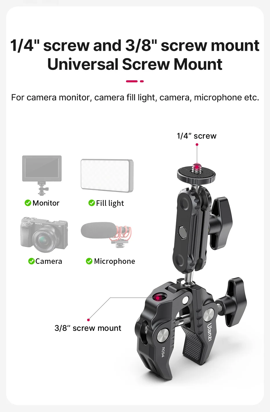 Ulanzi r094 Super Clamp verlängern 1,5 Gewinde für Magic Arm LED Füll licht Mikrofon Universal Ball Head clamp Loadmax kg – Detail 5