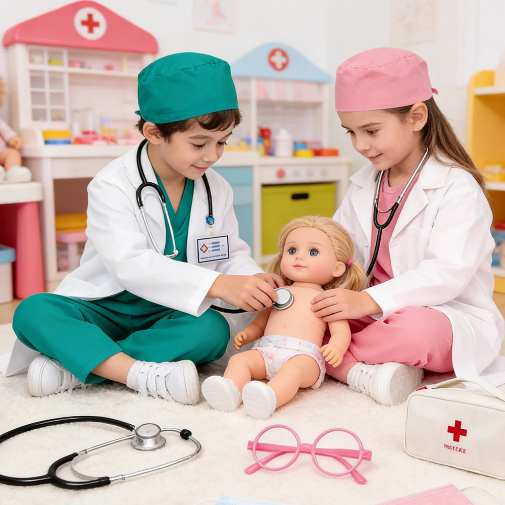 9PCS Kids Doctor Nurse Carnival Cosplay Costumes Boys Girls  Lab Coat With Accessories White Costume For Children Birthday Gifts