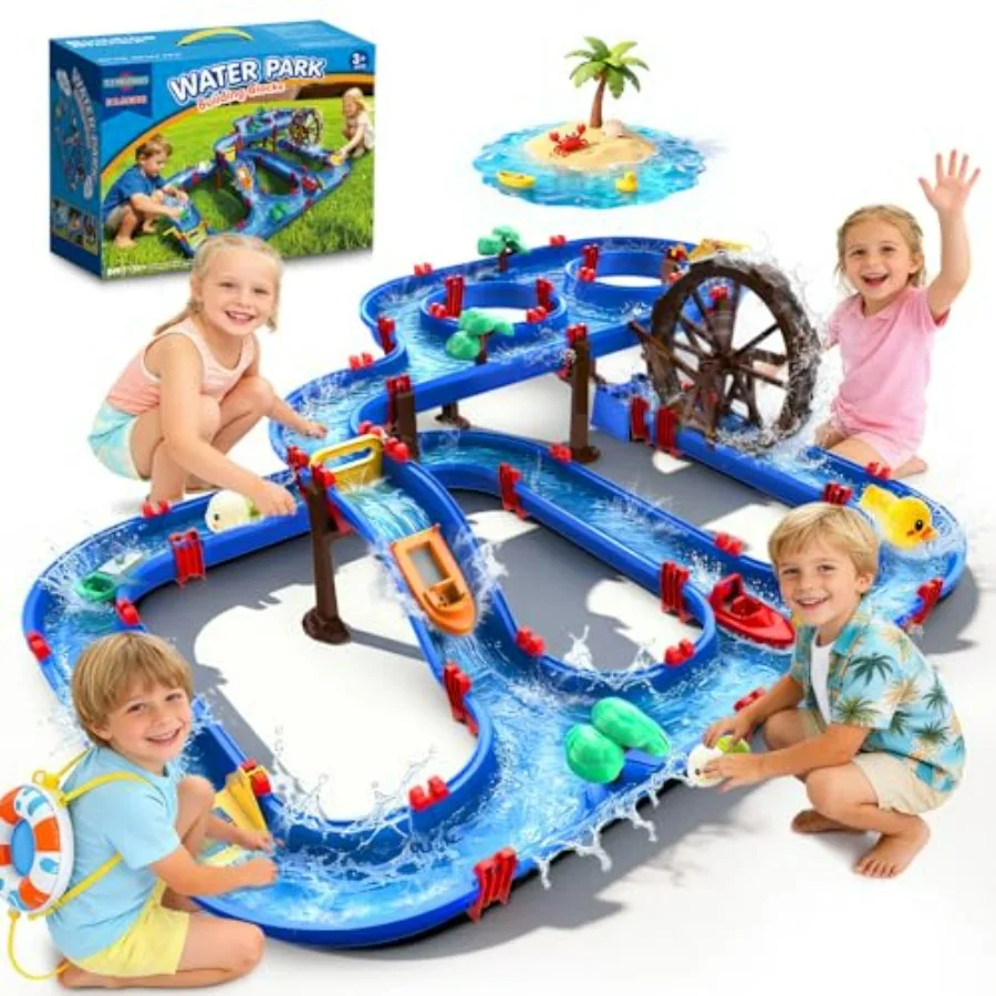 Outdoor 2-Tier Water Table Toys with Watermill for,Upgraded Large 115PCS Water Park Playset in Blue and Yellow, Durable Plastic