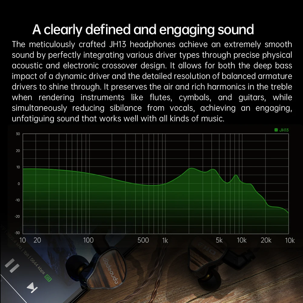 FiiO JH13 Hybrid HiFi IEMs – 1DD + 2BA Drivers, słuchawki audiofilskie z drewnianą obudową i odłączanym kablem 0,78 mm 2-pin — zdjęcie produktu 5