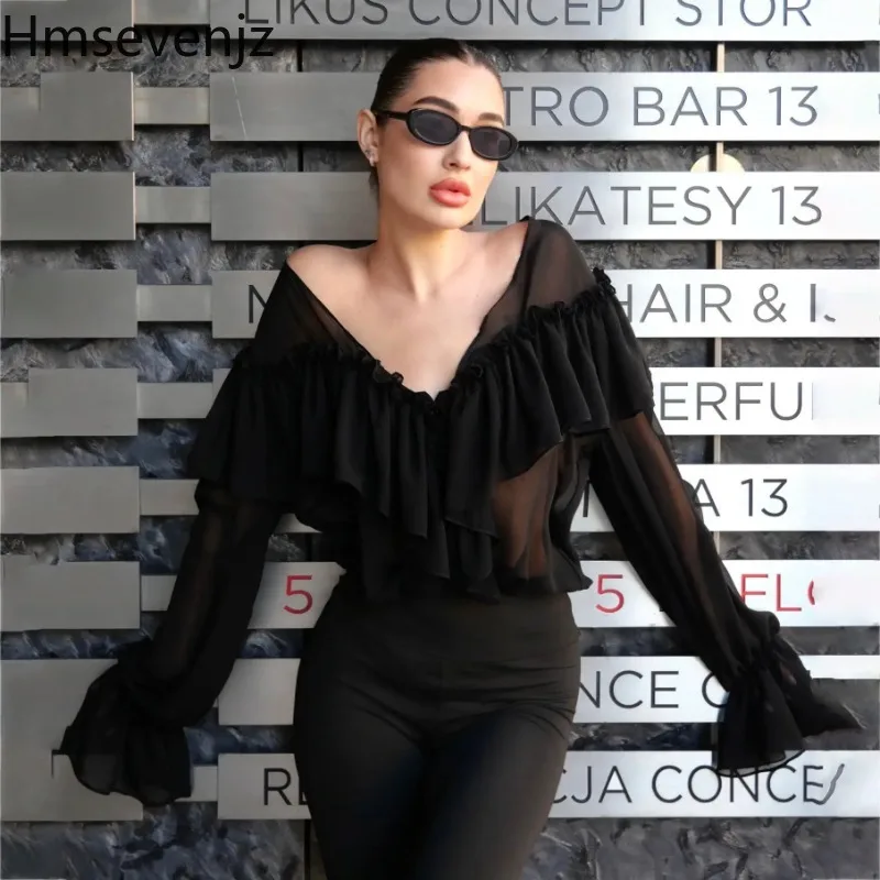 Hmsevenjz Franse Ruches Chiffon Shirt Vrouwen Herfst Losse V-hals Effen Kleur Lange Mouwen Top Mode Vrouwelijke Kleding