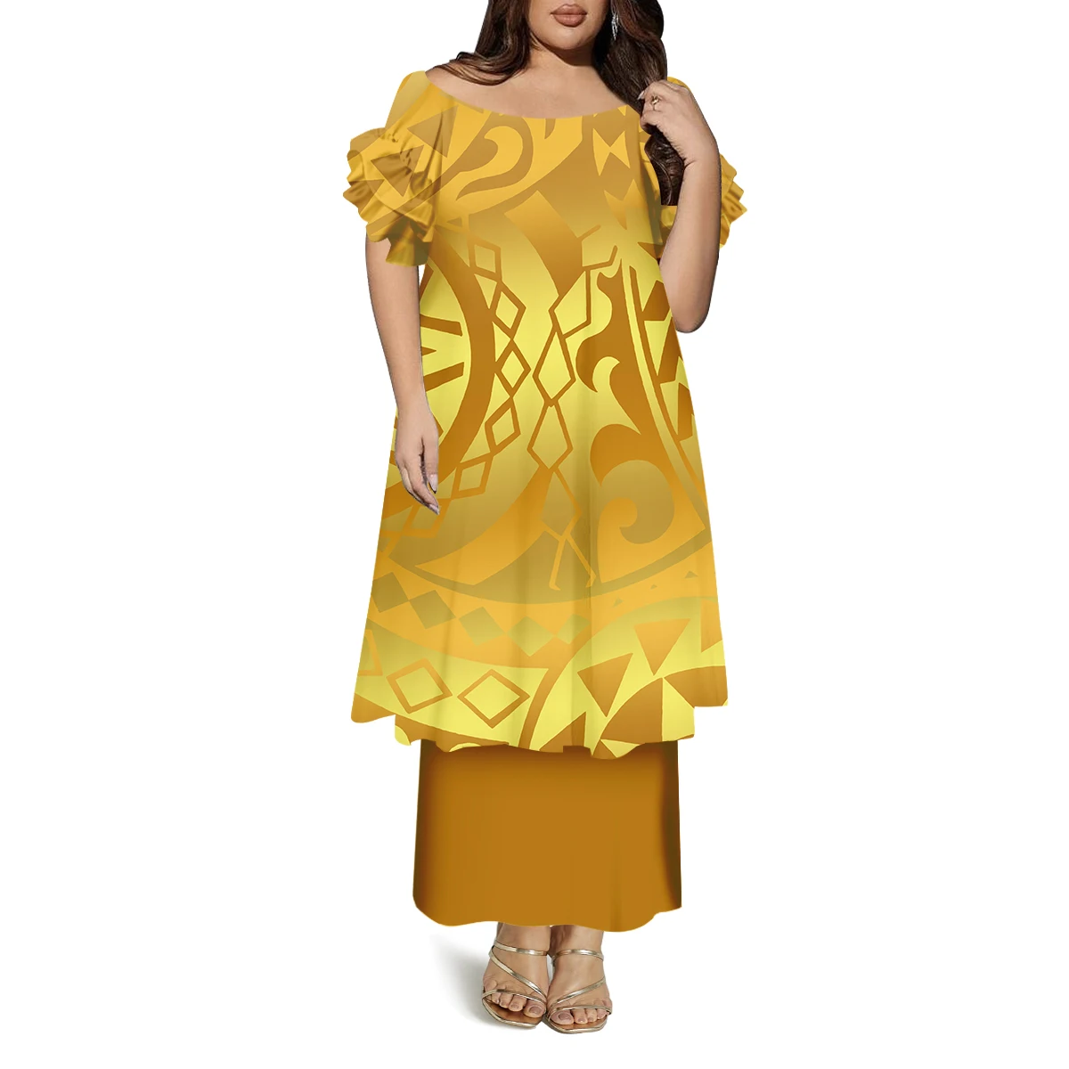 Vestido casual polinésio de camada dupla feito sob medida com gola redonda e manga borboleta com padrões confortáveis macios e soltos