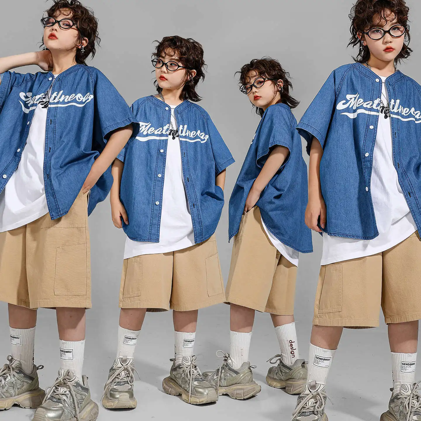 Kid Kpop Hip Hop Clothing Blue Baseball Cardigan Jeans Shirt Khaki Casual Wide Pocket Shorts for Girl Boy Dance Costume Clothes
