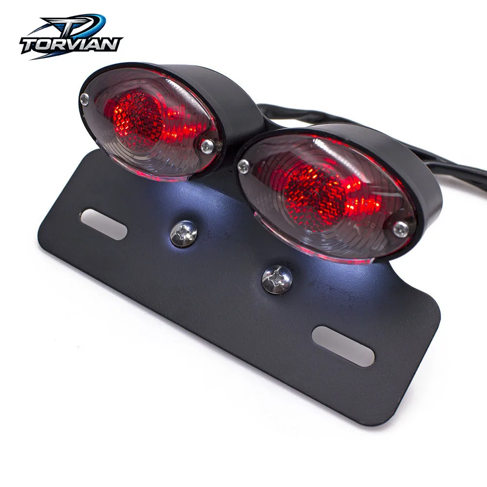 Torvian Dual Round Motobike LED Tail Light Brake Lamp Turn Signal Light With License Plate Holder Rear Motorcycle Accessory
