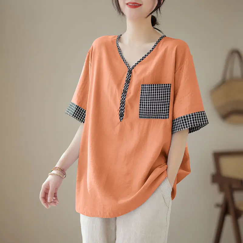 Women's Clothing Fashion Printed Spliced Solid Color T-shirt 2023 Summer Korean Casual Female Short Sleeve V-Neck Loose Tops