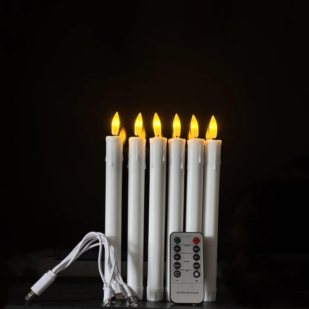 USB Rechargeable Stick Candle Flameless Remote W/Timer LED Taper Candles Flickering Dripping Wax Window Tall Plastic Candlestick