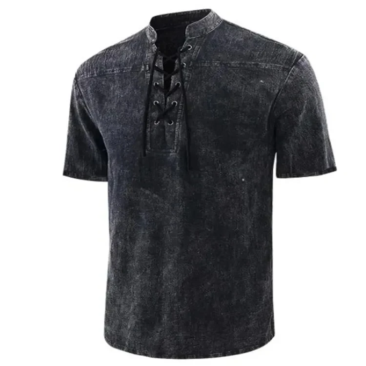 

Men's European and American New Pure Color Retro Tie - Up Collar Casual Short Sleeved Shirt Summer Simple Men's T-shirt S-5XL