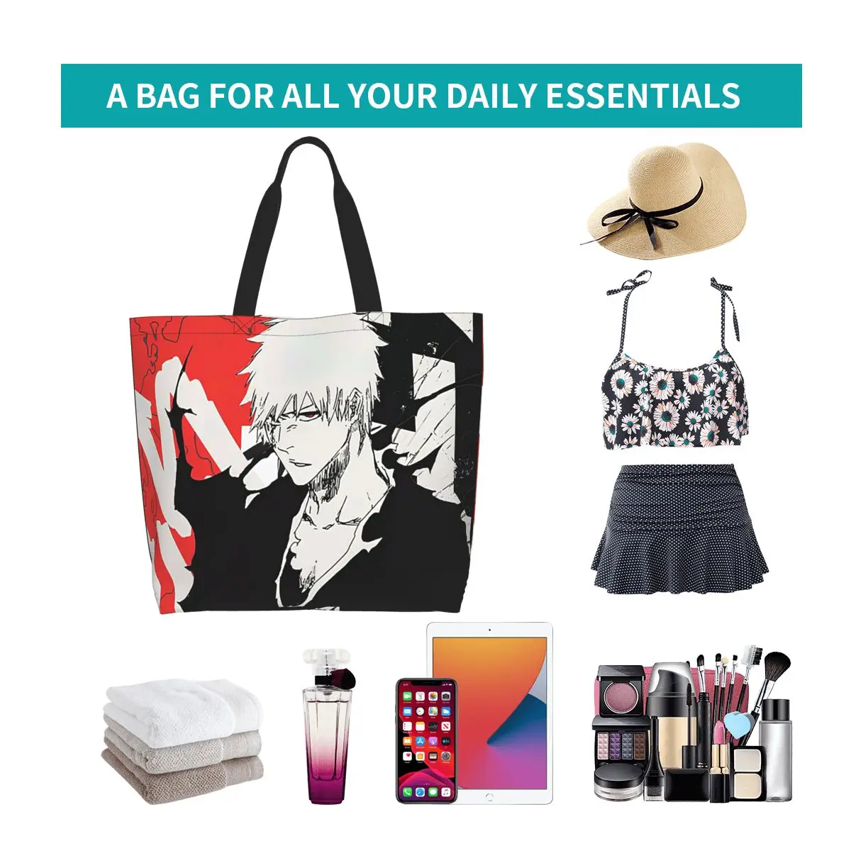 Ichigo Kurosaki Anime Bleach Shopping Tote Bag Canvas Large Capacity Shoulder Bags Shopper Grocery Handbag for Women