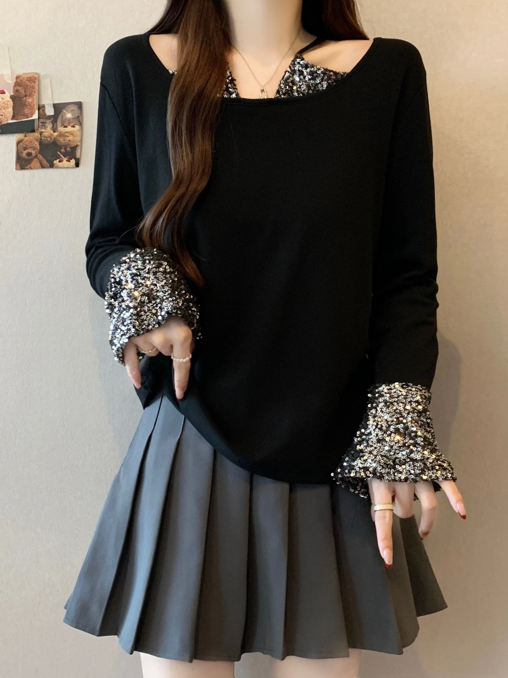 

Женская утепленная футболка с пайетками и пэчворком, сексуальный топ с высокой талией, в горошек, с длинным рукавом, хлопок