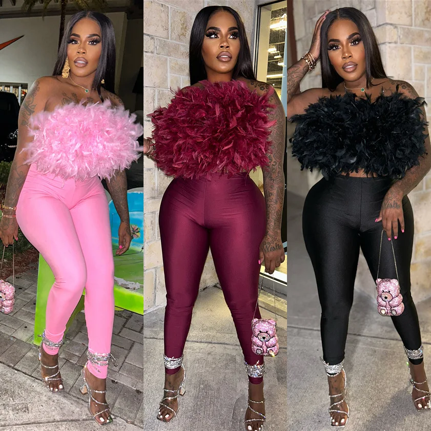 

Sexy Feather Tube Jumpsuits 2026 Summer Clothes Women Club Wear Party Elegant Luxury Bodycon Fashion One Piece Solid Jumpsuit