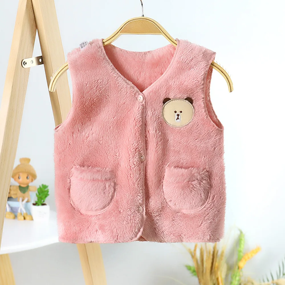 1pcs Baby Thermal Waistcoats Girls Boys Coral Fleece Vest Single Breasted V Neck Top Sleeveless Spring Autumn Child Fashion Coat