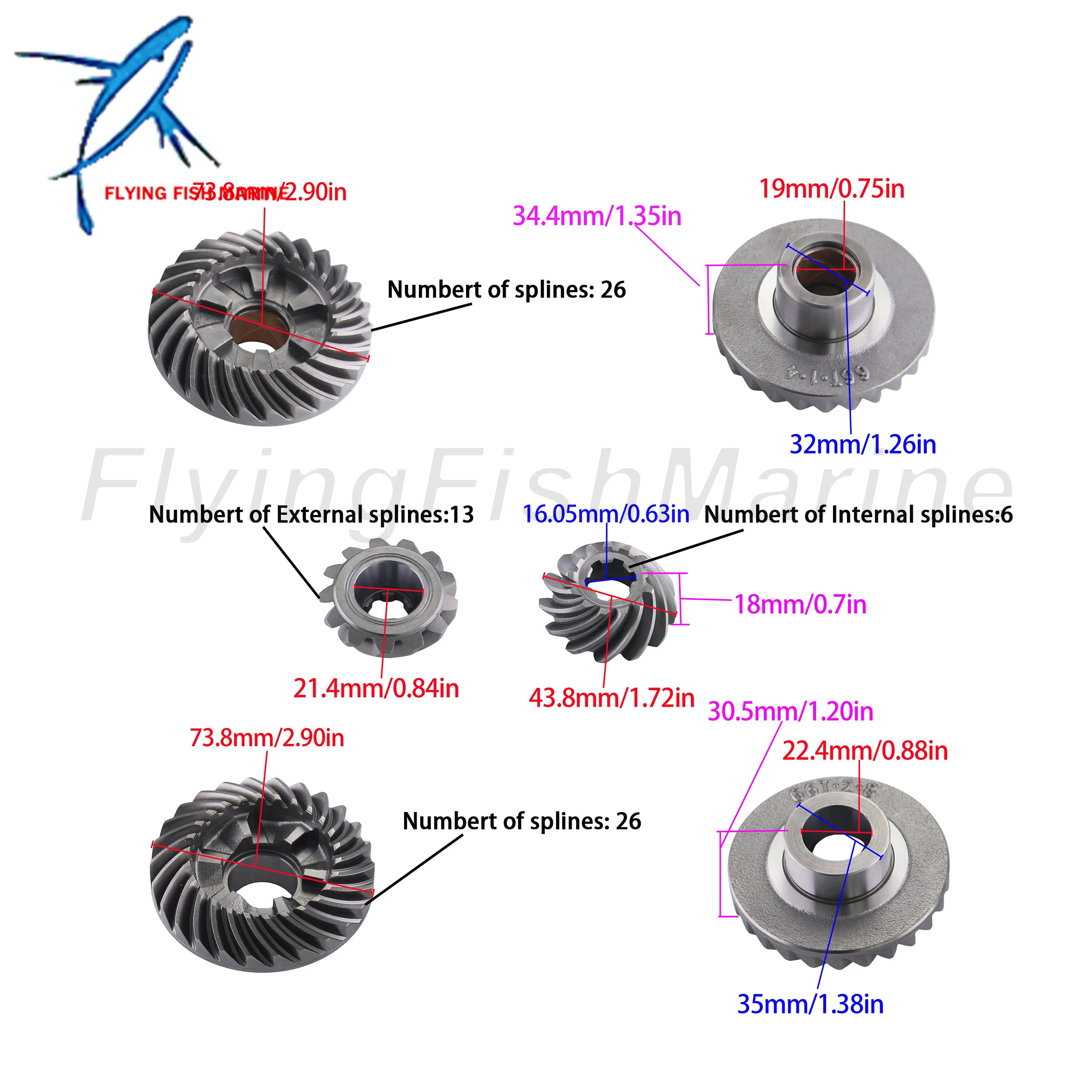 Outboard 66T-45551-00/01 Pinion & 66T-45560-00/01 Forward & 66T-45571-00/01 Reverse Gear Set for Yamaha Parsun Hidea 40HP 40X