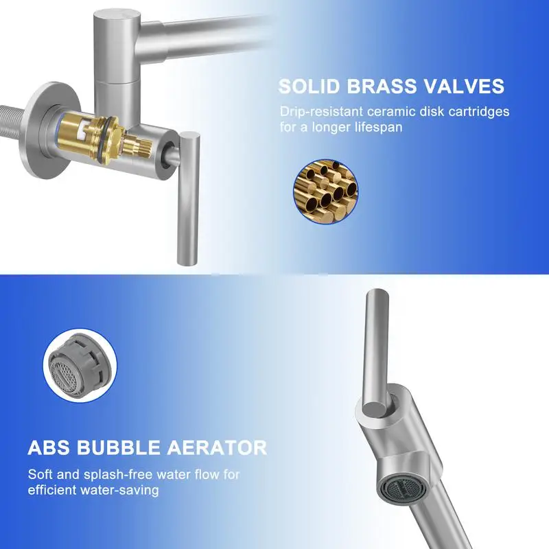 キッチンシンク用壁掛けポットフィラー蛇口、折りたたみ式＆伸縮式、シングルホール、デュアルハンドル、ブラッシュニッケル仕上げ